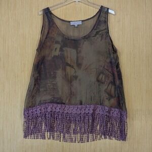 Pretty Angel Sheer Tank Top Womens Large Purple Fringe Burnout Print 90s Retro